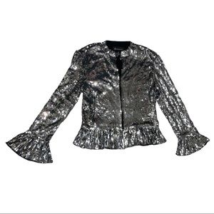 NWOT INC Silver Sequined Clasp Front Jacket with Bell Ruffle Cuffs + Ruffled Hem